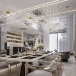 ห้องรับประทานอาหารที่เชื่อมพื้นที่นั่งเล่นและบาร์ภายในบ้าน
