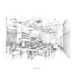 ภาพสเก็ตช์ห้องรับประทานอาหารและงานตกแต่งแขวนเหนือโต๊ะ