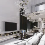 ห้องนั่งเล่นโทนขาวดำที่จัดวางเสมือน Residential Gallery