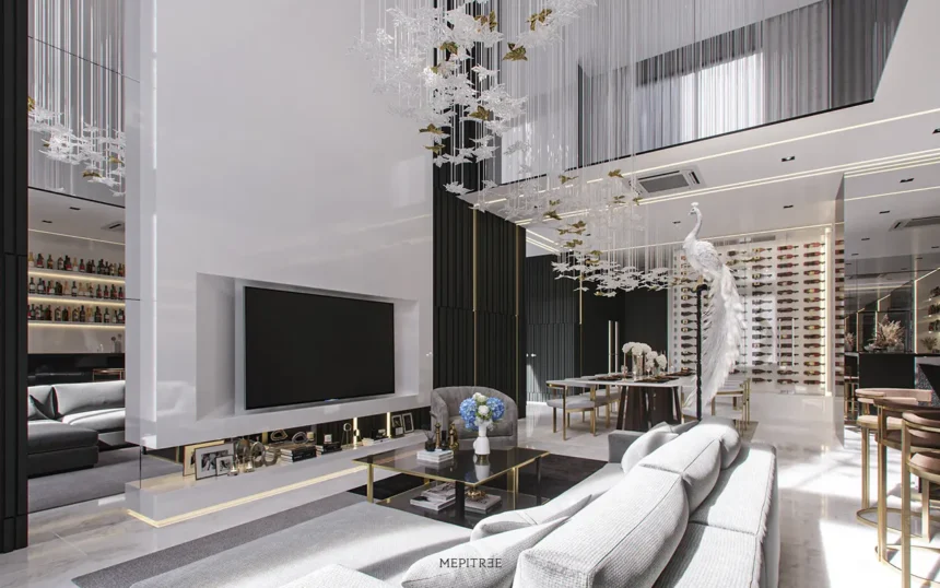 ห้องนั่งเล่นโทนขาวดำที่จัดวางเสมือน Residential Gallery