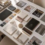 Material Board แสดงหิน ผ้า ไม้ โลหะ และโทนสีของโครงการ