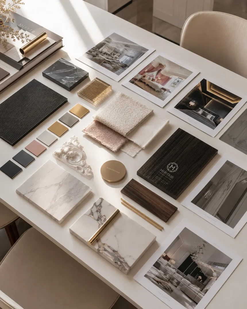 Material Board แสดงหิน ผ้า ไม้ โลหะ และโทนสีของโครงการ