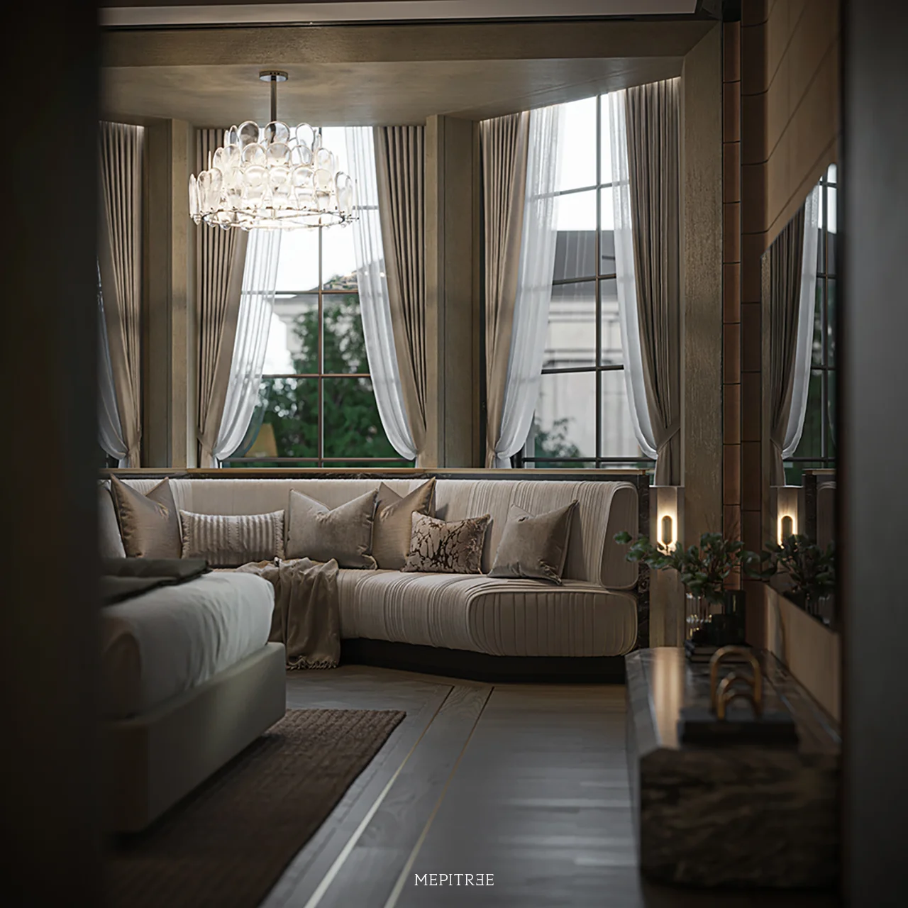 Family room interior with custom seating and floor-to-ceiling windows at The Hypercar Sanctuary