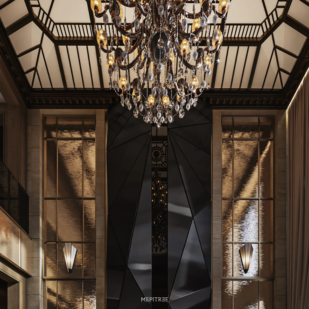 Geometric fireplace tower clad in dark metallic panels at The Hypercar Sanctuary
