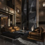 Main living room with a faceted geometric fireplace inspired by hypercar design