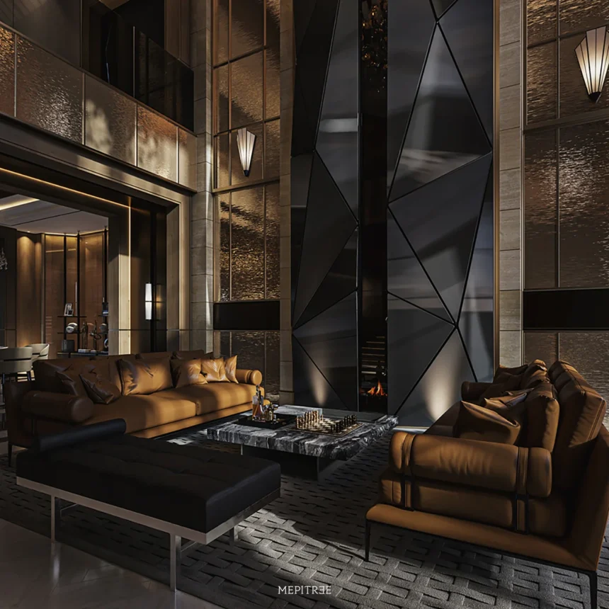 Main living room with a faceted geometric fireplace inspired by hypercar design