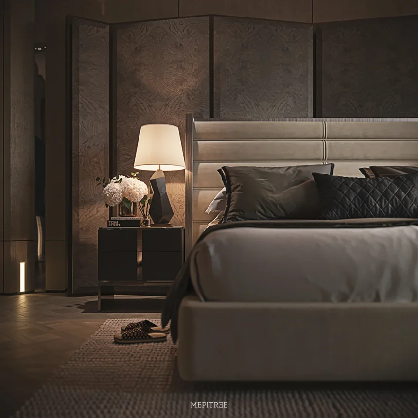 Luxury bedroom featuring custom Italian wood veneer at The Hypercar Sanctuary