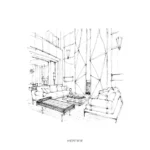 Concept sketch of the living room and geometric fireplace tower