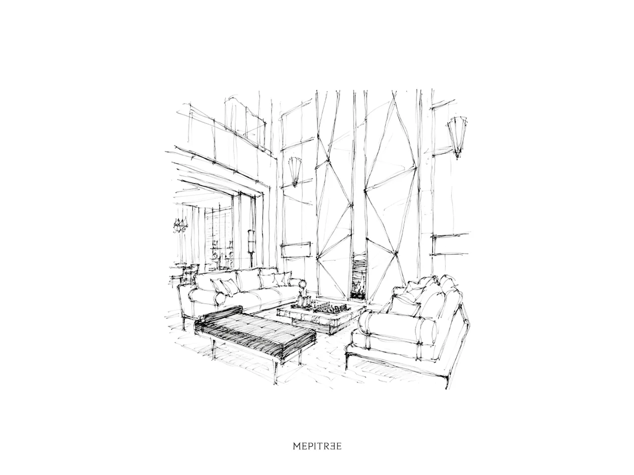 Concept sketch of the living room and geometric fireplace tower
