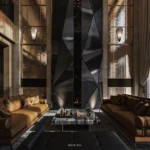 Main living room showcasing geometric architectural surfaces inspired by hypercar design