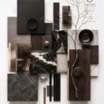 Material board for The Hypercar Sanctuary featuring dark wood, metal, marble and textured finishes