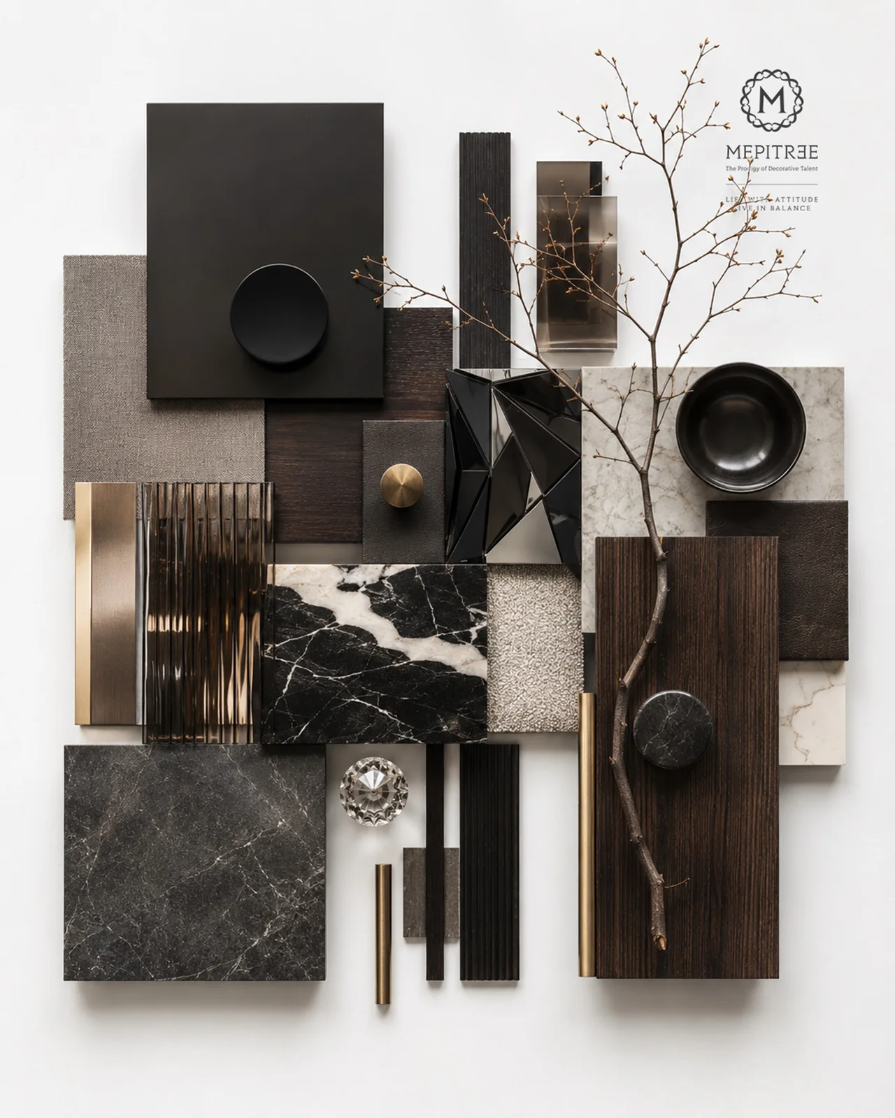 Material board for The Hypercar Sanctuary featuring dark wood, metal, marble and textured finishes