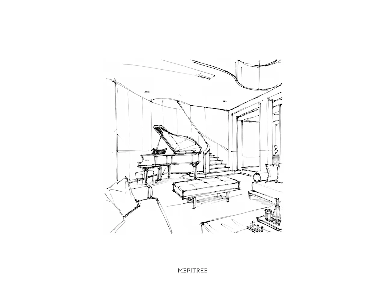 Concept sketch of the staircase and piano area at The Hypercar Sanctuary