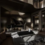 Sculptural staircase and dark metallic interior at The Hypercar Sanctuary
