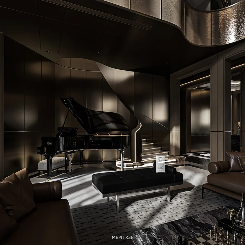 Sculptural staircase and dark metallic interior at The Hypercar Sanctuary
