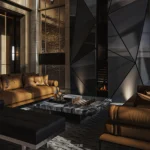 The Hypercar Sanctuary living room by MEPITREE with a geometric fireplace tower