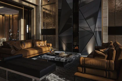 The Hypercar Sanctuary living room by MEPITREE with a geometric fireplace tower