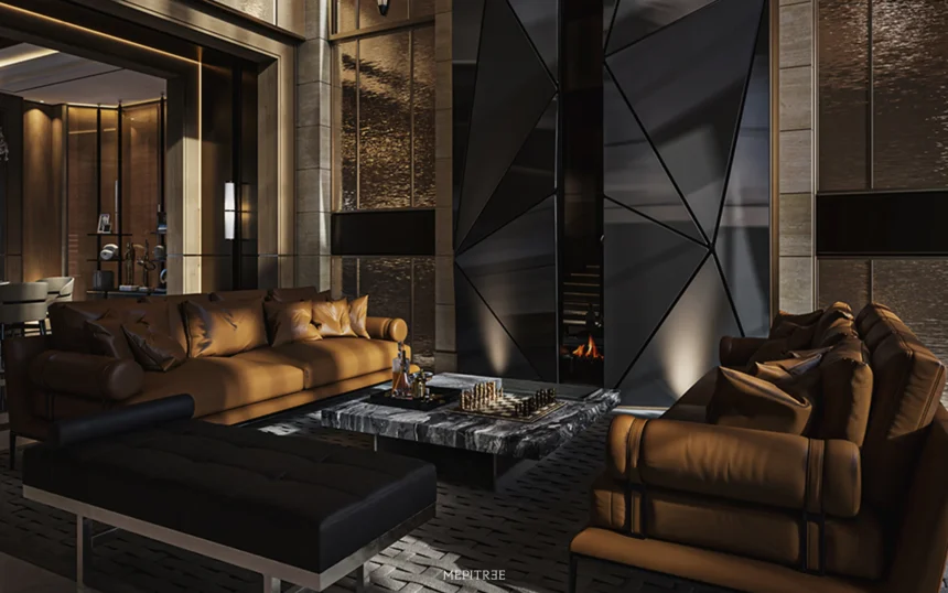 The Hypercar Sanctuary living room by MEPITREE with a geometric fireplace tower
