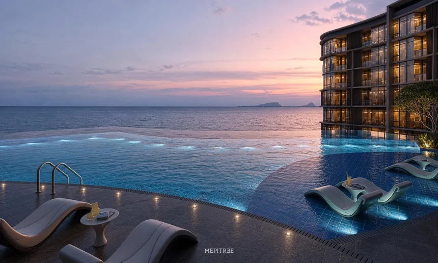 Infinity Pool ของ Le Kamala ที่ออกแบบแนวขอบสระให้เชื่อมต่อกับเส้นขอบฟ้าและทะเลอันดามัน
