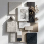 Interior Material Moodboard ของ Le Kamala ในโทนขาว เทา ไม้ และเมทัลลิก สะท้อนแสงและพื้นผิวของมหาสมุทร