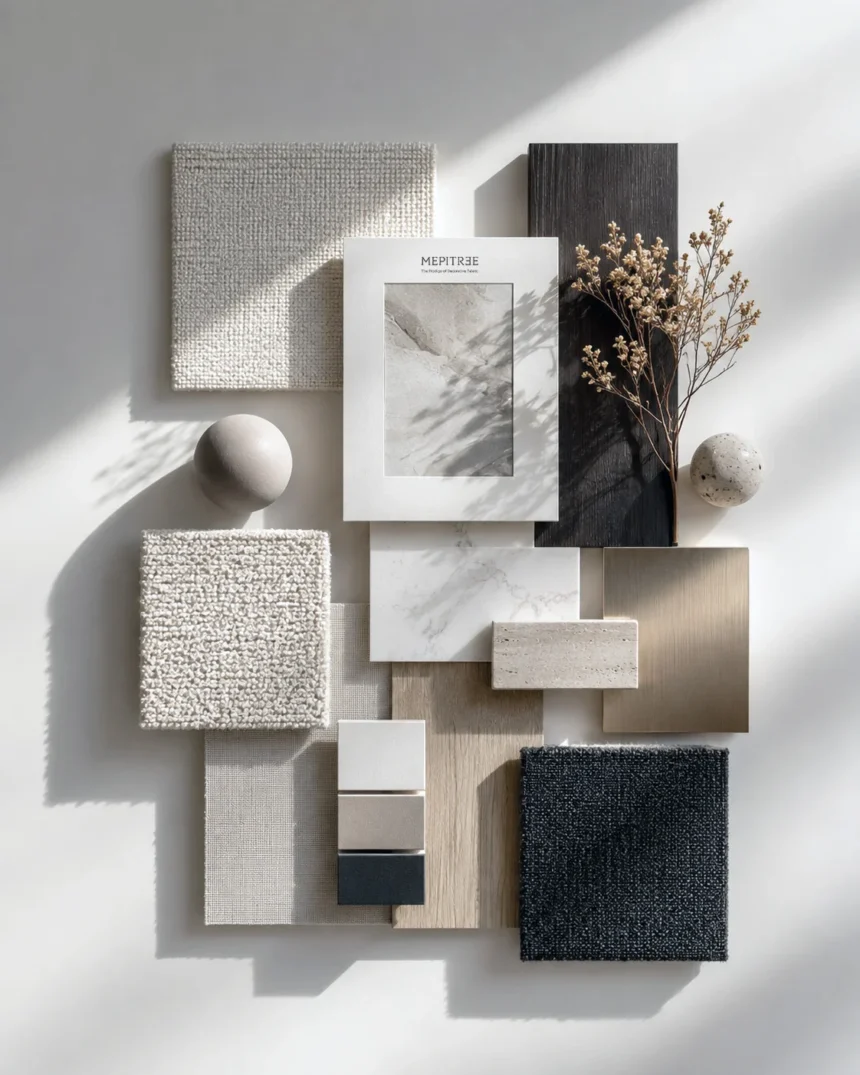 Interior Material Moodboard ของ Le Kamala ในโทนขาว เทา ไม้ และเมทัลลิก สะท้อนแสงและพื้นผิวของมหาสมุทร