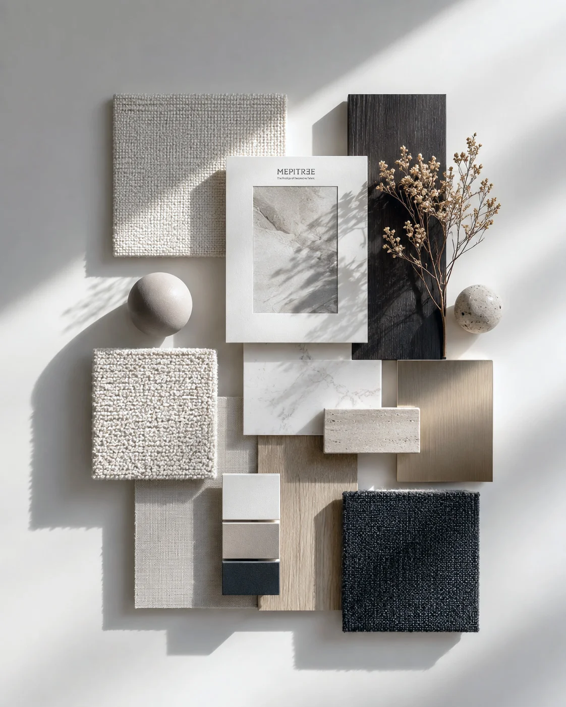 Interior Material Moodboard ของ Le Kamala ในโทนขาว เทา ไม้ และเมทัลลิก สะท้อนแสงและพื้นผิวของมหาสมุทร