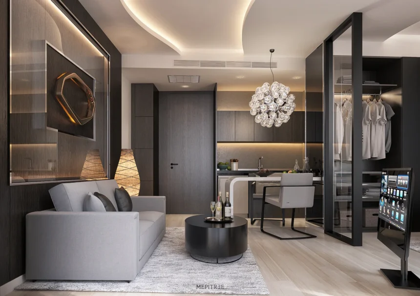 พื้นที่ Living Area ภายในห้องพัก Le Kamala กับเส้นสายโค้งของฝ้าและการออกแบบพื้นที่ใช้งานอย่างต่อเนื่อง