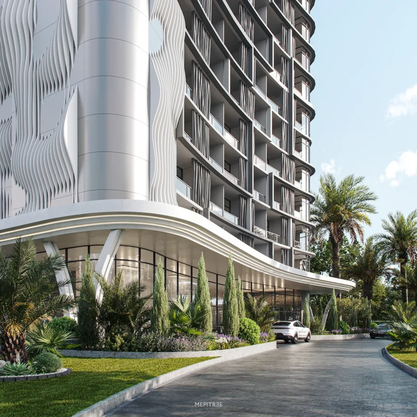 ทางเข้า Le Kamala กับฟาซาดโค้งและ Vertical Parametric Fins ที่ได้แรงบันดาลใจจากประกายแสงบนยอดคลื่น