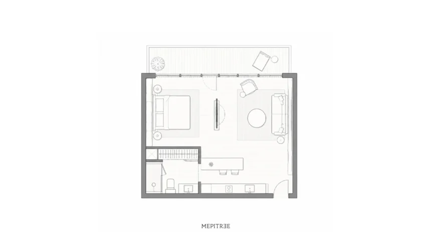 Floor Plan ห้องพัก Le Kamala แสดงการจัดพื้นที่ห้องนอน Living Area Pantry ห้องน้ำ และระเบียง