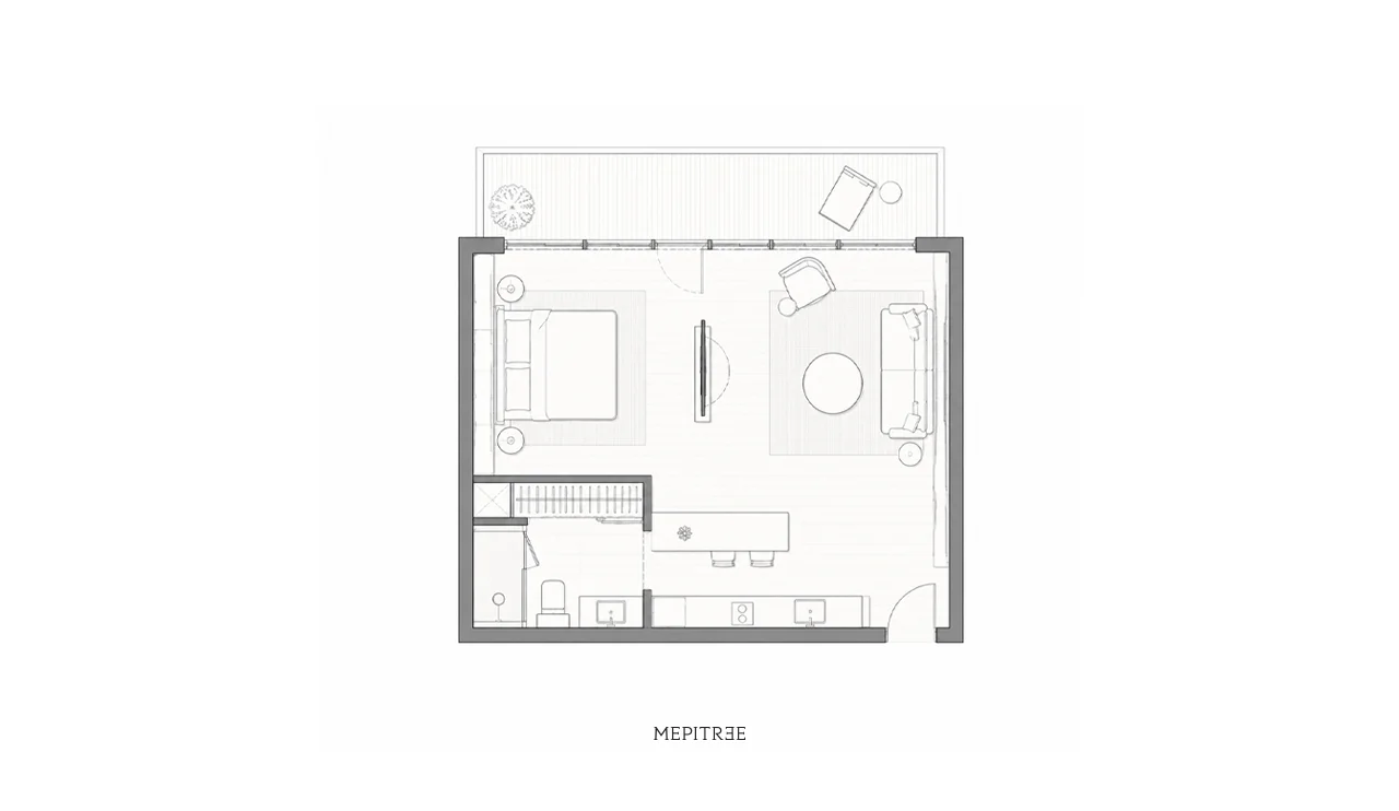 Floor Plan ห้องพัก Le Kamala แสดงการจัดพื้นที่ห้องนอน Living Area Pantry ห้องน้ำ และระเบียง